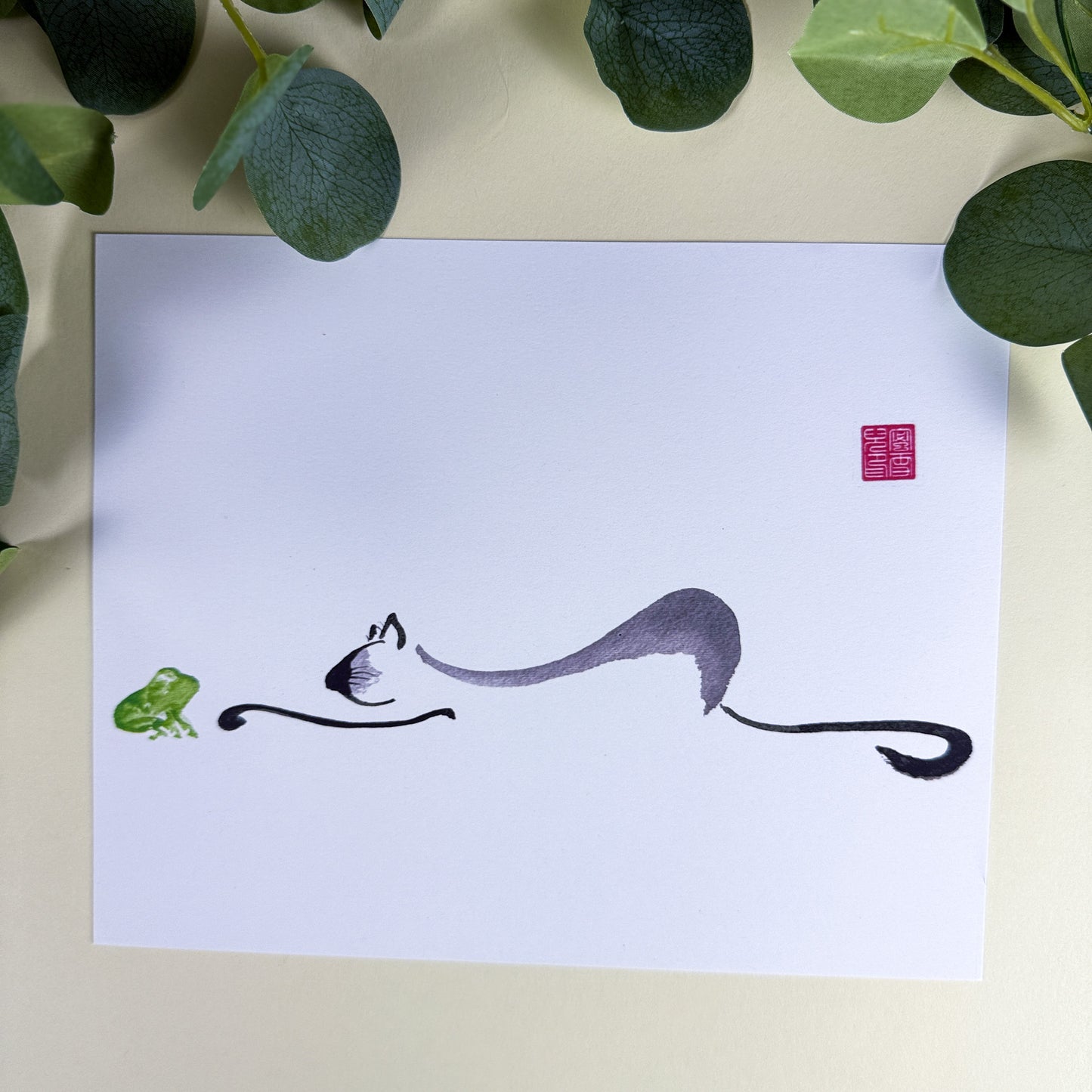 Frog Kiss Sumi-e Cat & Frog Art Print