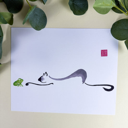 Frog Kiss Sumi-e Cat & Frog Art Print