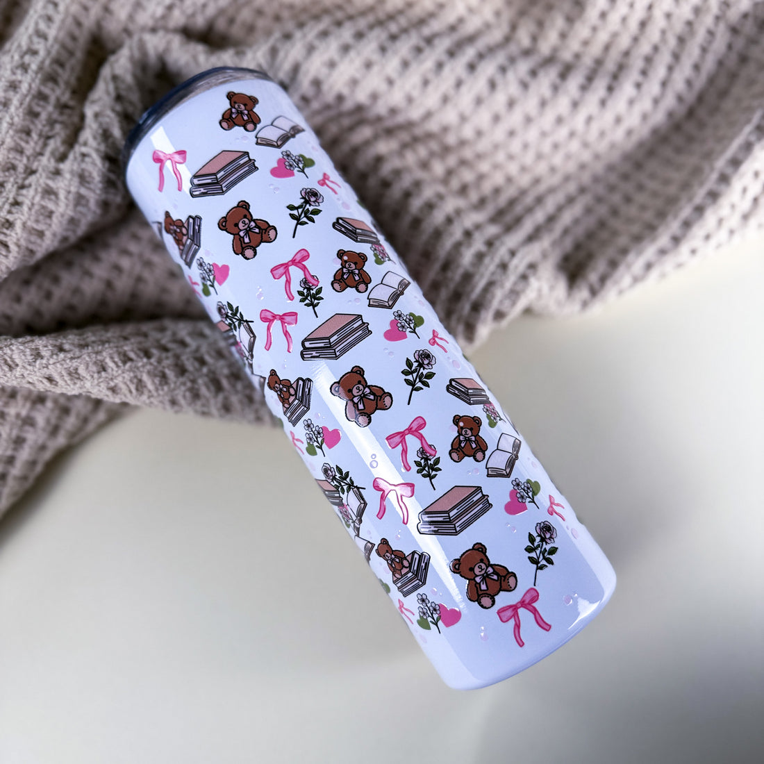 Bears &amp; Books 30 oz White Tall Skinny Stainless Steel Tumbler | Cozy Reading Cup | Book Lovers Gift | Kittlins