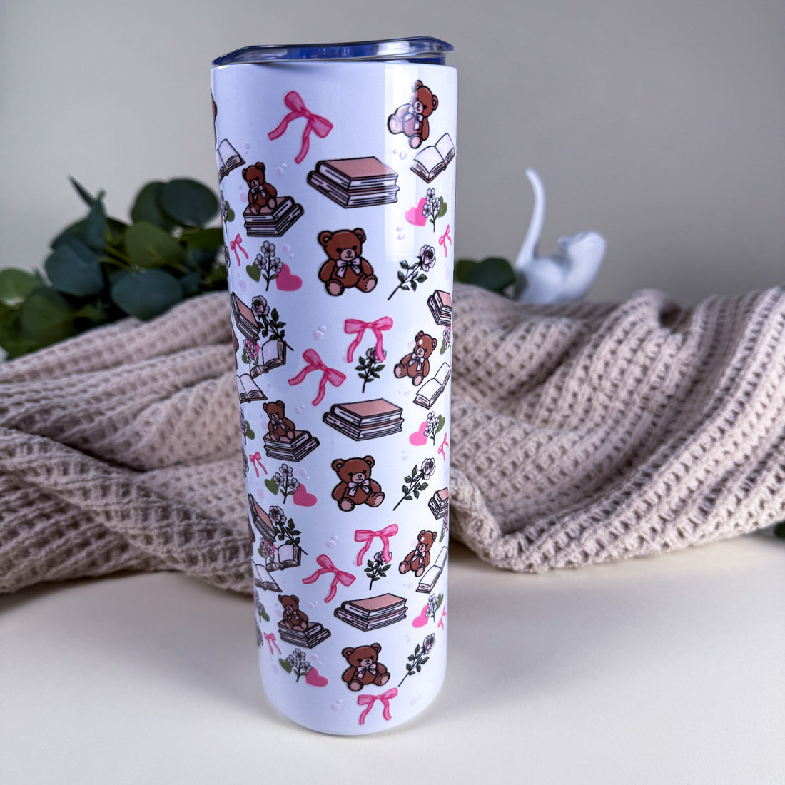 Bears &amp; Books 30 oz White Tall Skinny Stainless Steel Tumbler | Cozy Reading Cup | Book Lovers Gift | Kittlins