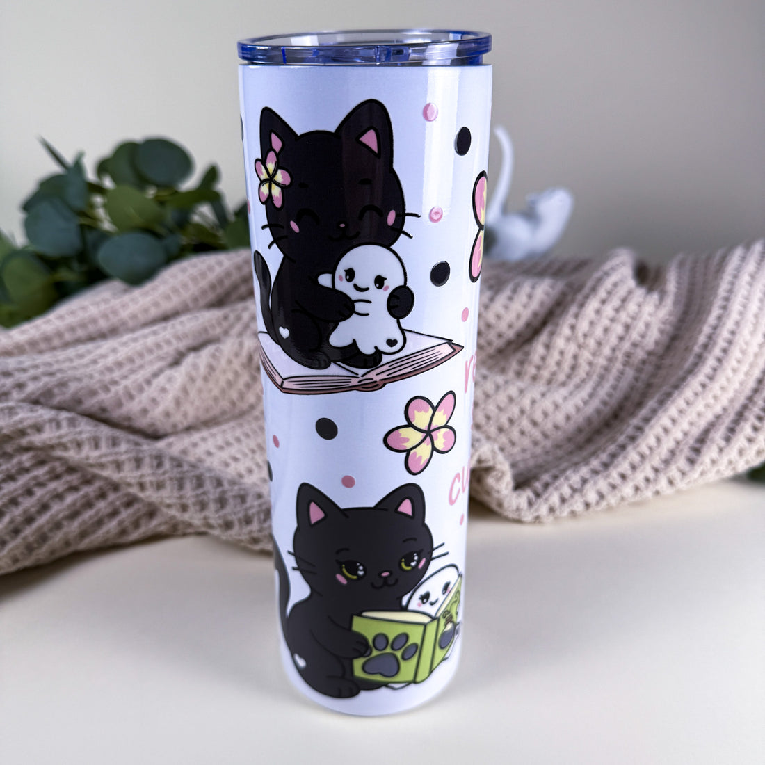 Ghosts and Cats &quot;Read - Sip - Cuddle 30 oz White Tall Skinny Stainless Steel Tumbler | Cozy Reading Cup | Kittlins