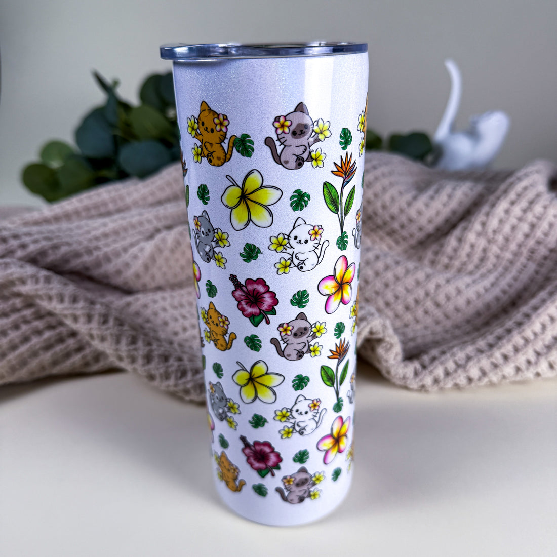 Tropical Cats Cozy Tumbler | 20 oz Holographic White Stainless Steel | Kittlins Drinkware