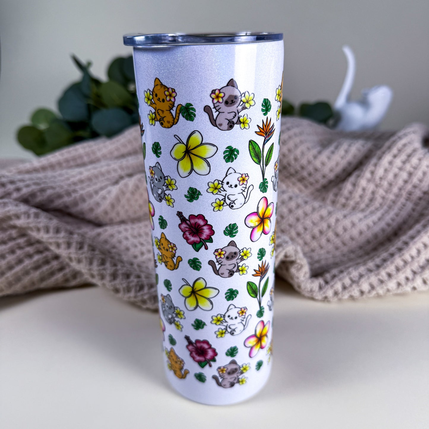 Tropical Cats 20 oz Holographic White Stainless Steel Tumbler