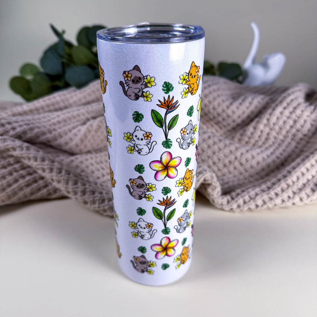 Tropical Cats Cozy Tumbler | 20 oz Holographic White Stainless Steel | Kittlins Drinkware