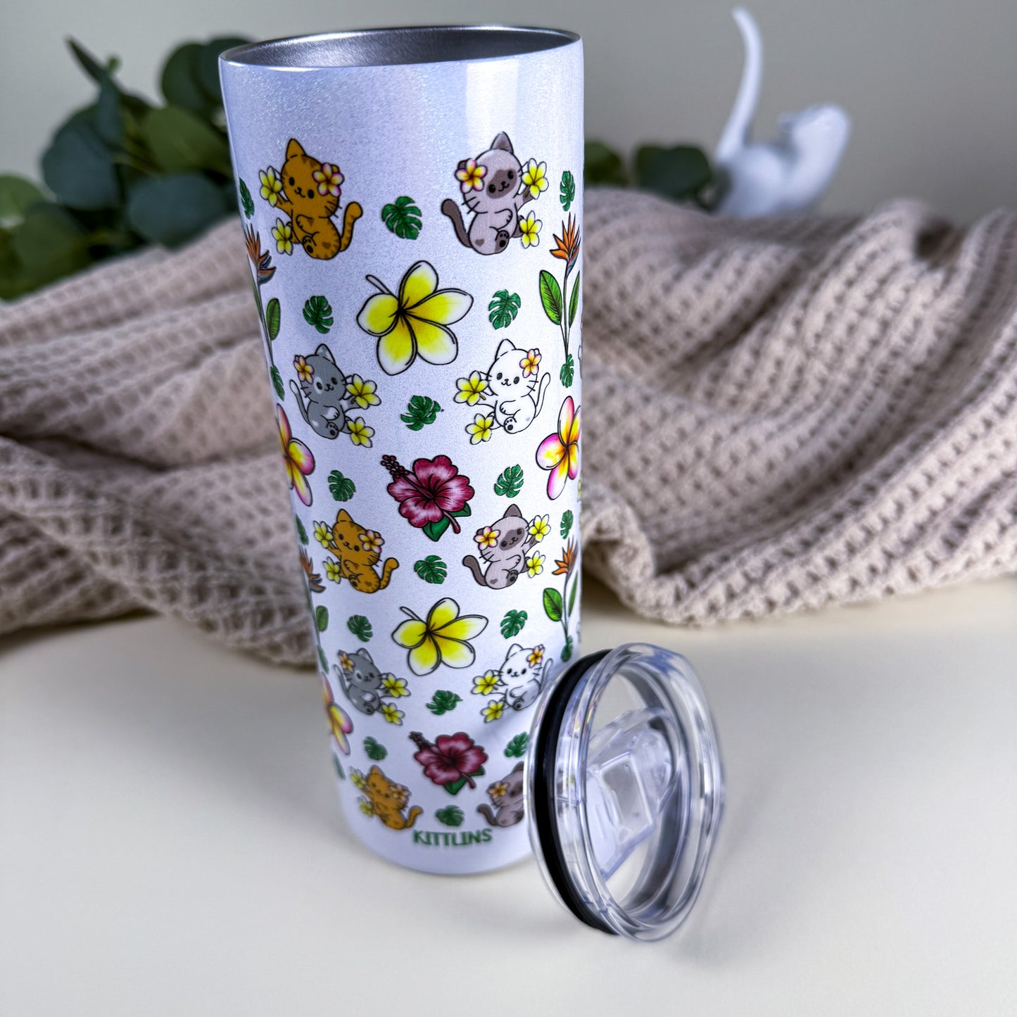 Tropical Cats 20 oz Holographic White Stainless Steel Tumbler