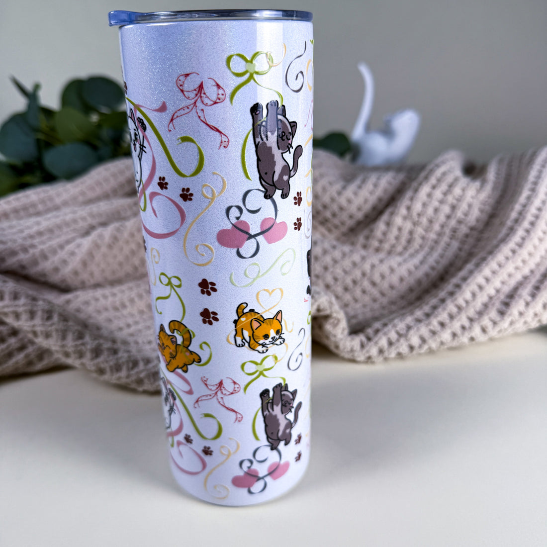Ribbon Cats Cozy Tumbler | 20 oz White Holographic Stainless Steel | Kittlins Drinkware