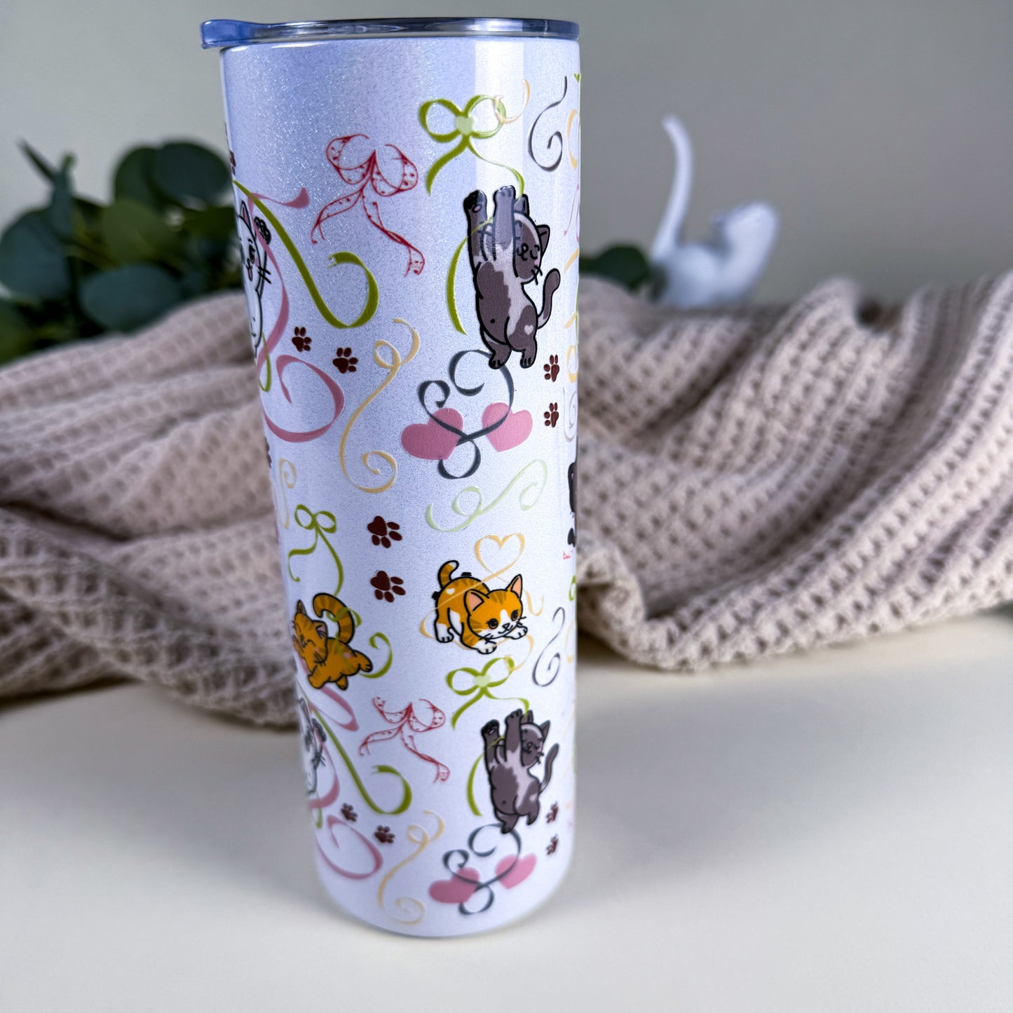 Ribbon Cats 20 oz Holographic White Stainless Steel Tumbler