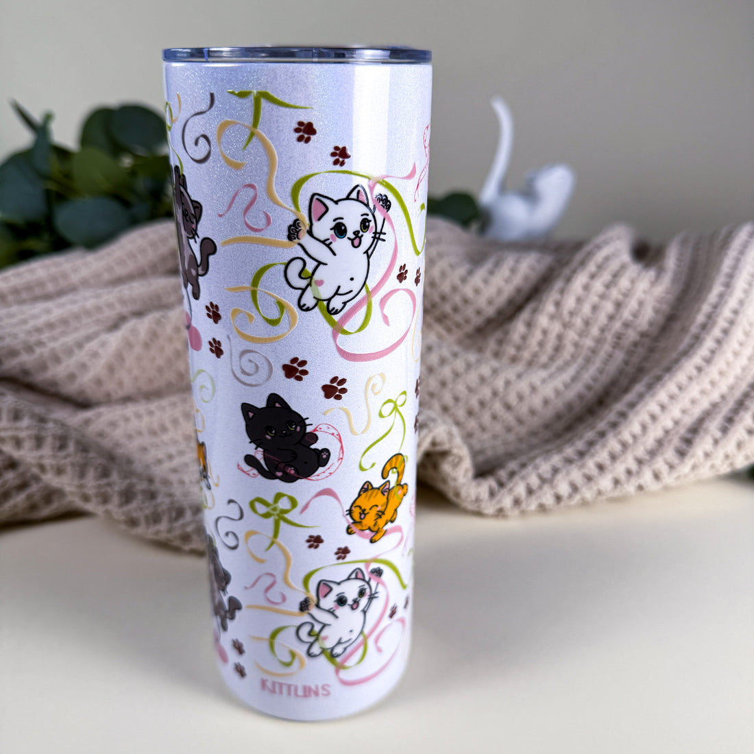Ribbon Cats Cozy Tumbler | 20 oz White Holographic Stainless Steel | Kittlins Drinkware