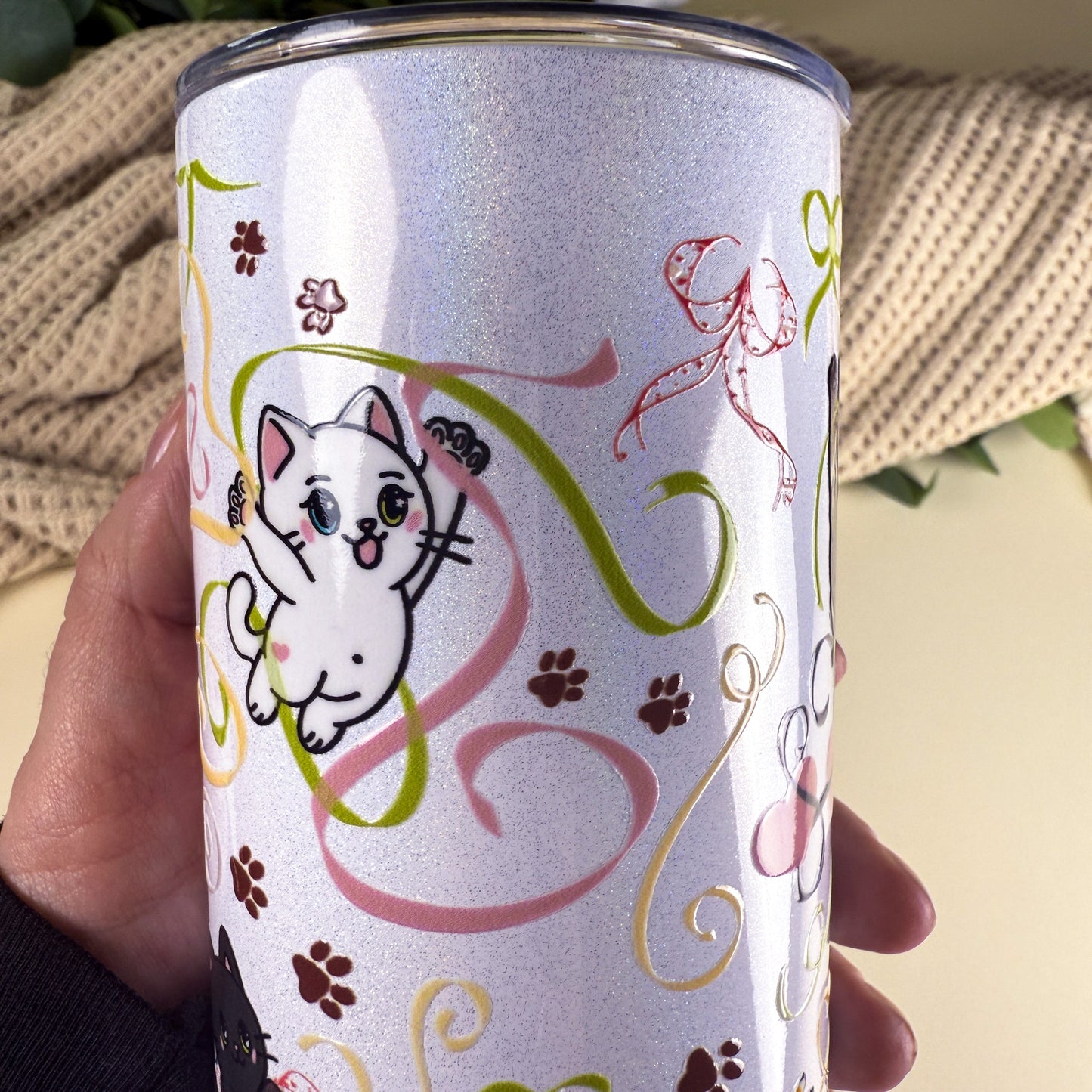 Ribbon Cats 20 oz Holographic White Stainless Steel Tumbler