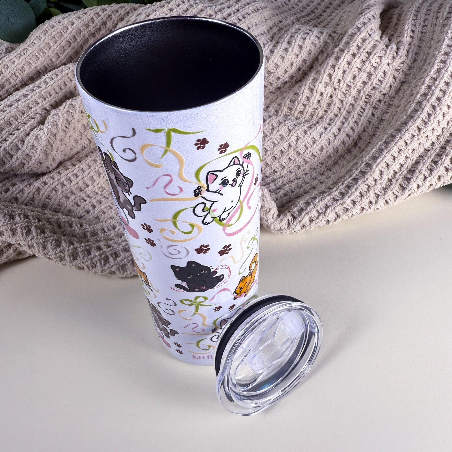 Ribbon Cats 20 oz Holographic White Stainless Steel Tumbler