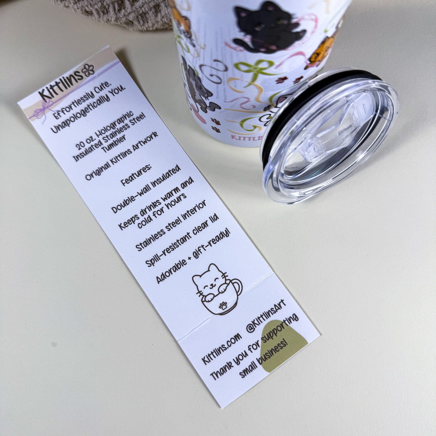 Ribbon Cats 20 oz Holographic White Stainless Steel Tumbler