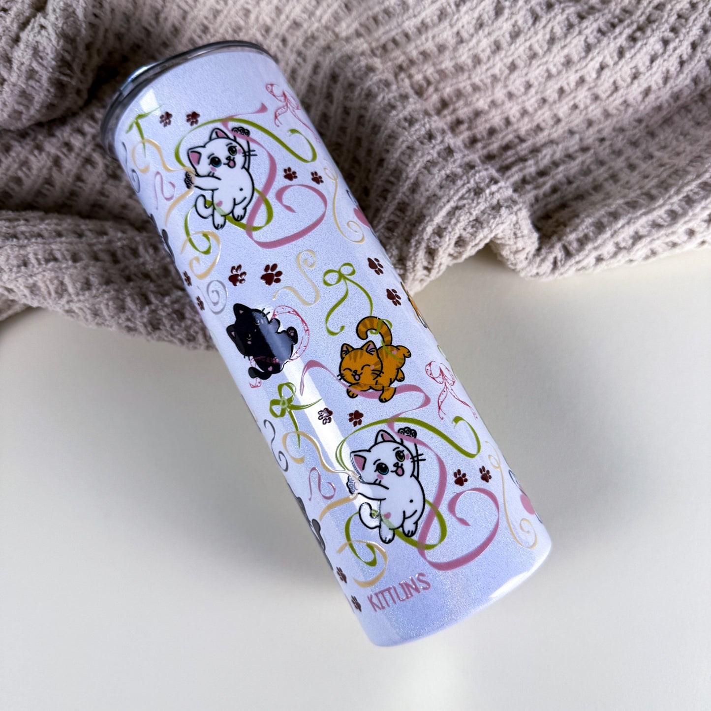 Ribbon Cats 20 oz Holographic White Stainless Steel Tumbler