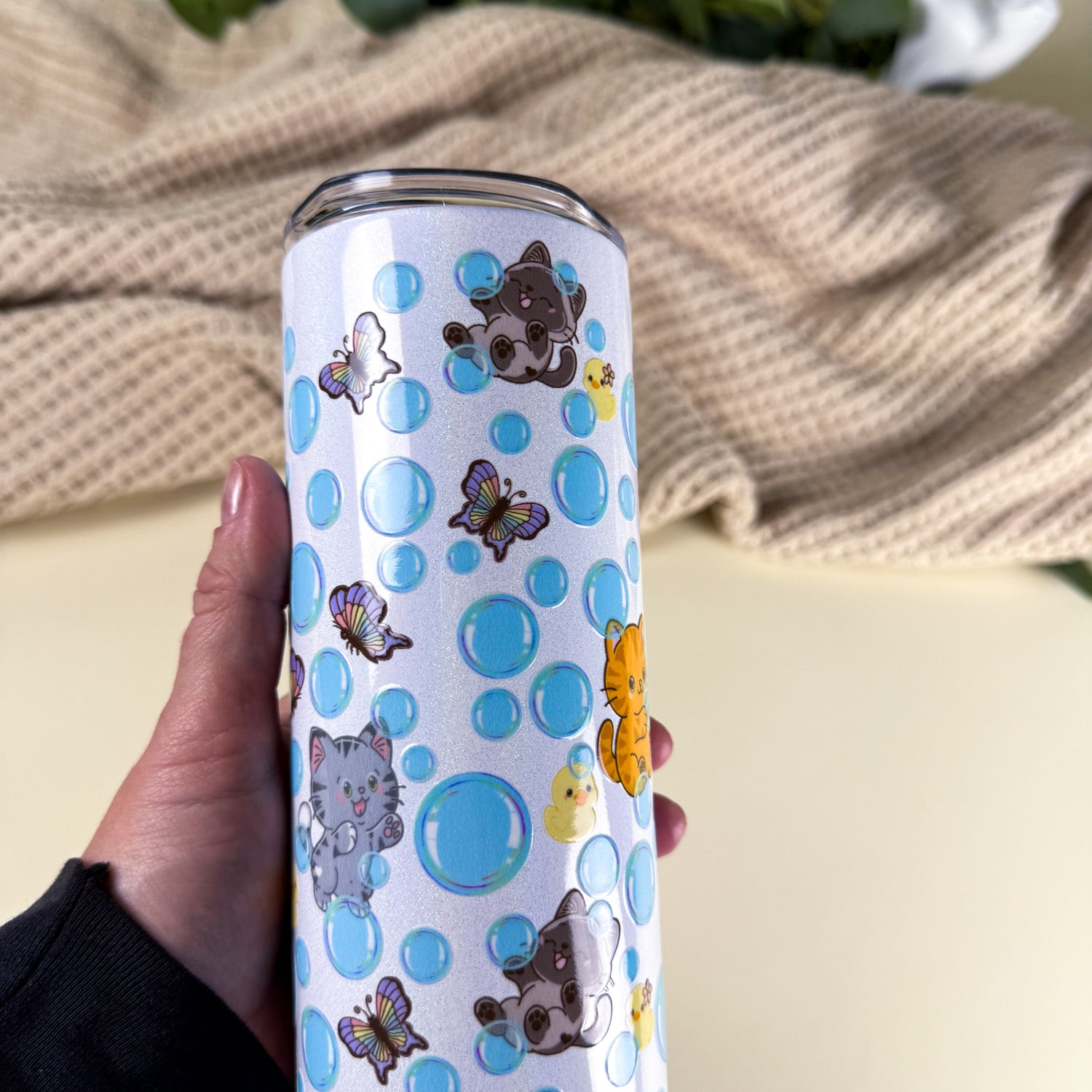 Bubble Cat Tumbler | 20 oz White Holographic Stainless Steel | Kittlins Drinkware