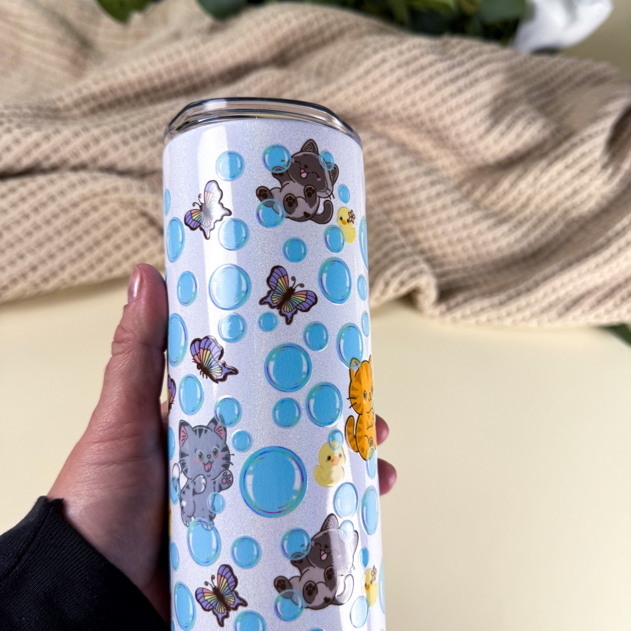 Bubble Cat Tumbler | 20 oz White Holographic Stainless Steel | Kittlins Drinkware