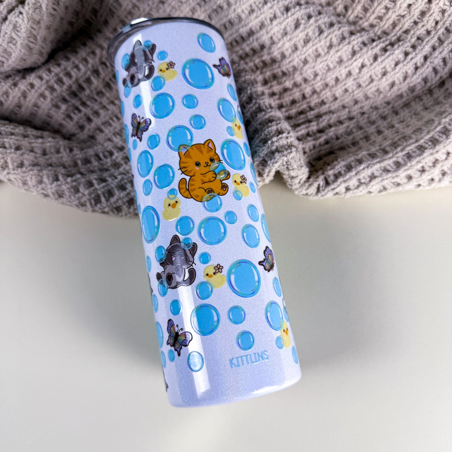 Bubble Cat 20 oz Holographic White Stainless Steel Tumbler