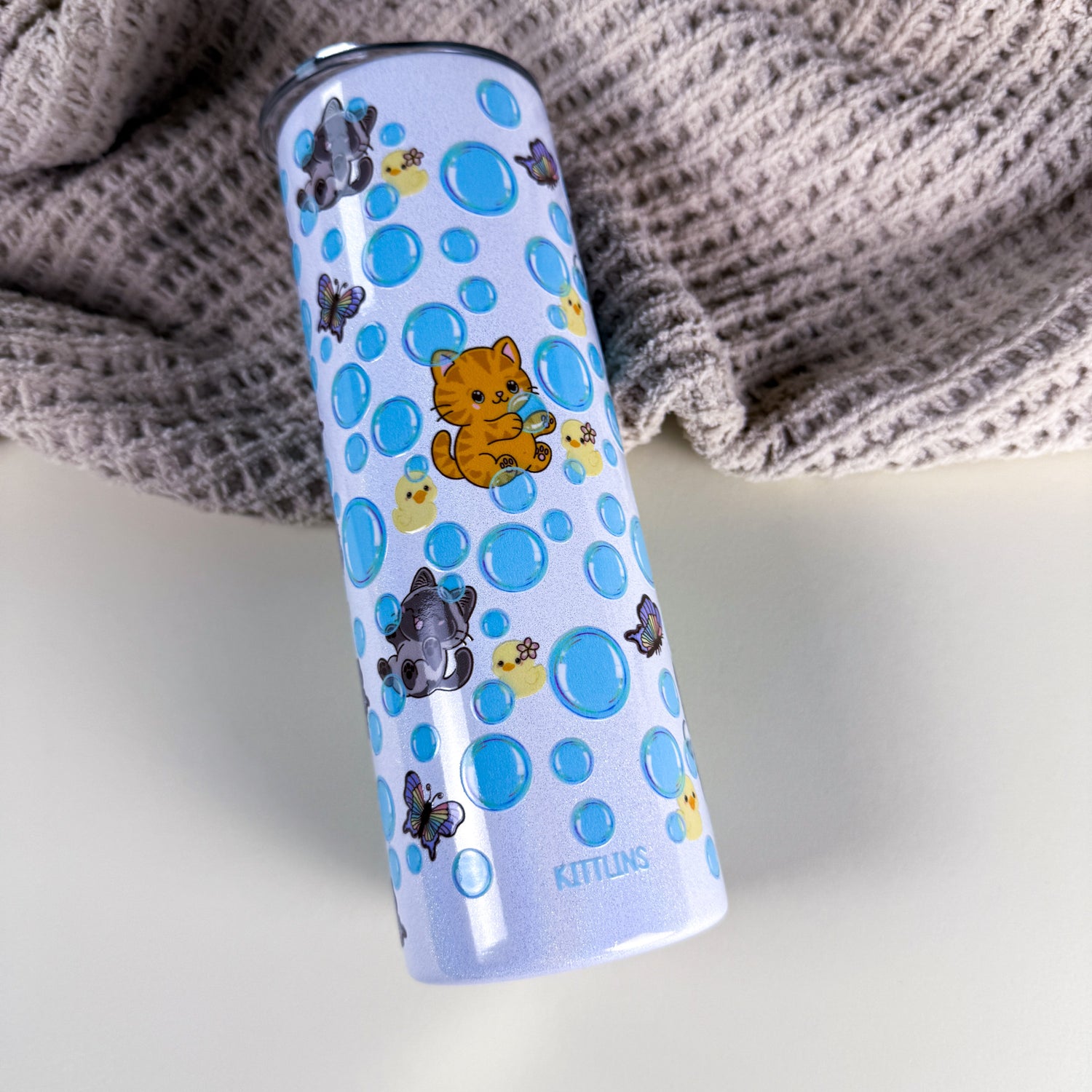 Bubble Cat Tumbler | 20 oz White Holographic Stainless Steel | Kittlins Drinkware