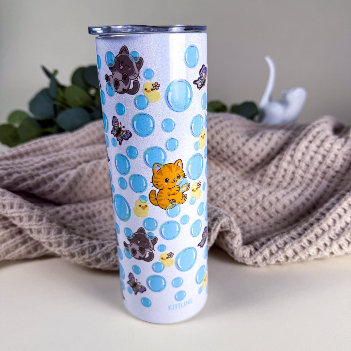Bubble Cat 20 oz Holographic White Stainless Steel Tumbler