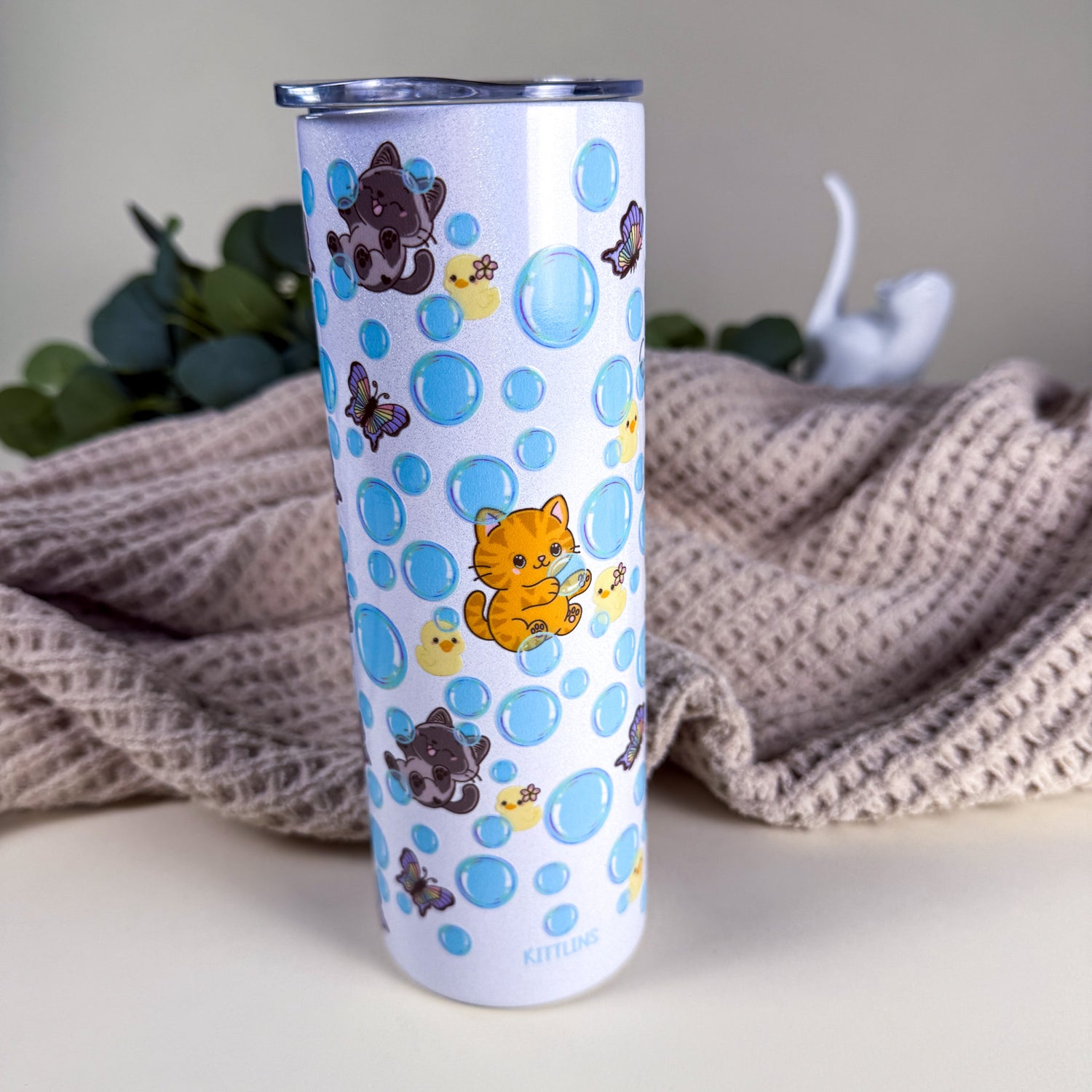 Bubble Cat Tumbler | 20 oz White Holographic Stainless Steel | Kittlins Drinkware