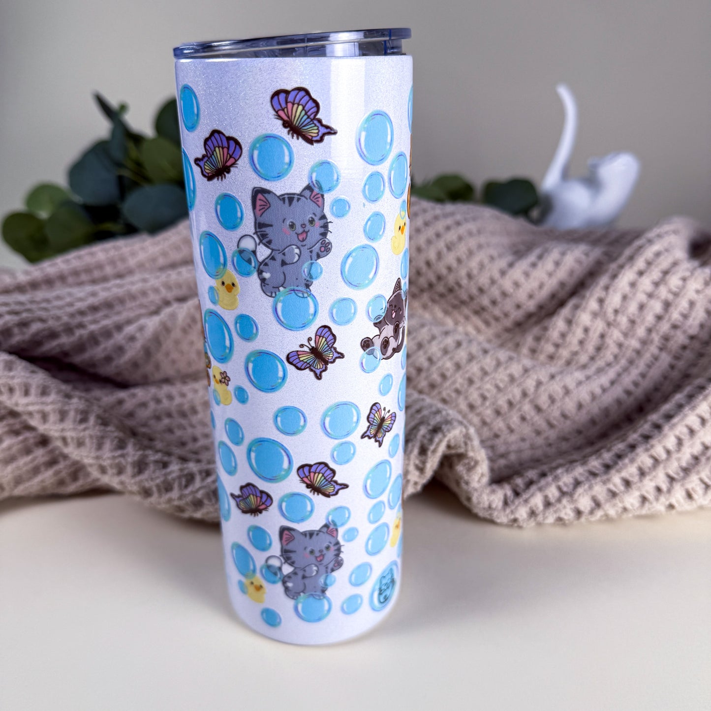 Bubble Cat 20 oz Holographic White Stainless Steel Tumbler