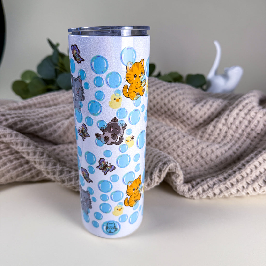Bubble Cat Tumbler | 20 oz White Holographic Stainless Steel | Kittlins Drinkware