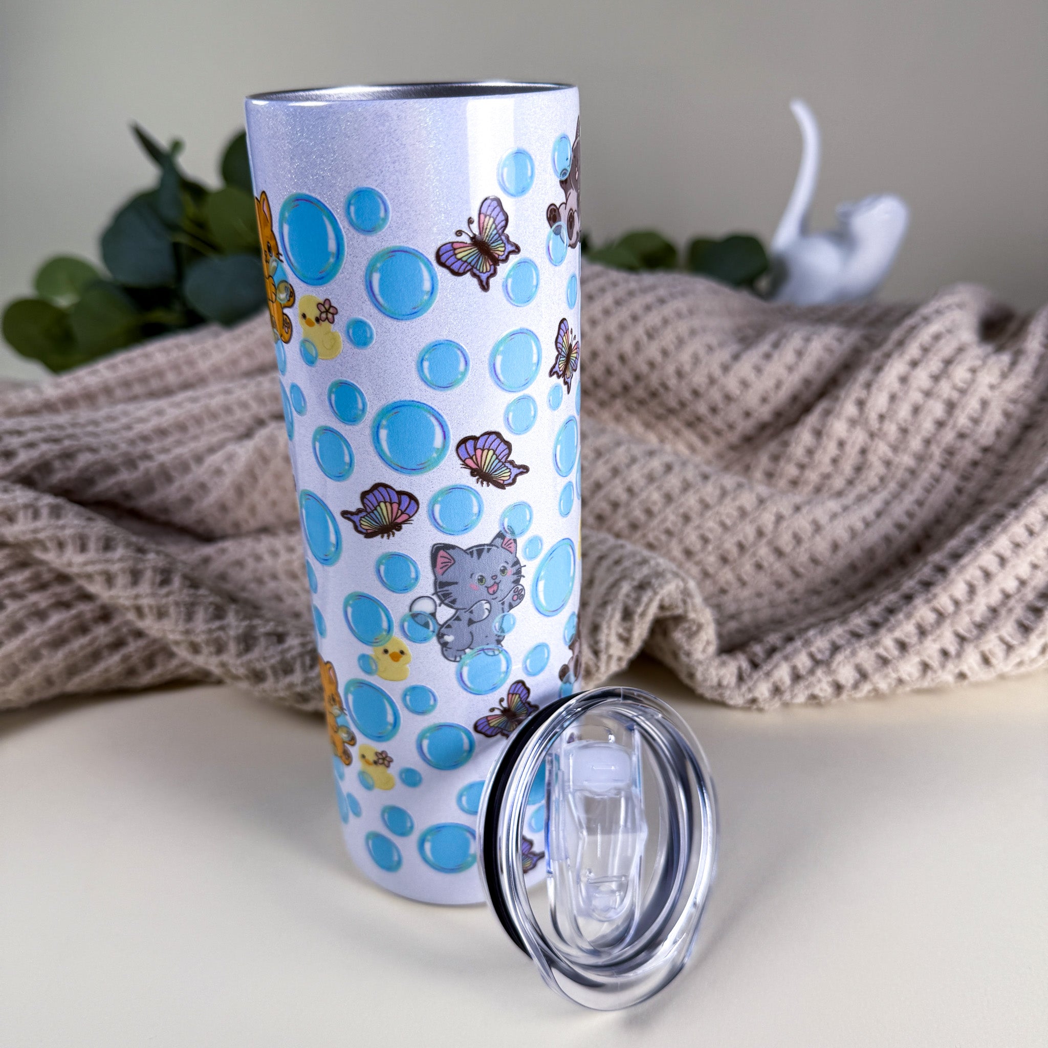 Bubble Cat Tumbler | 20 oz White Holographic Stainless Steel | Kittlins Drinkware