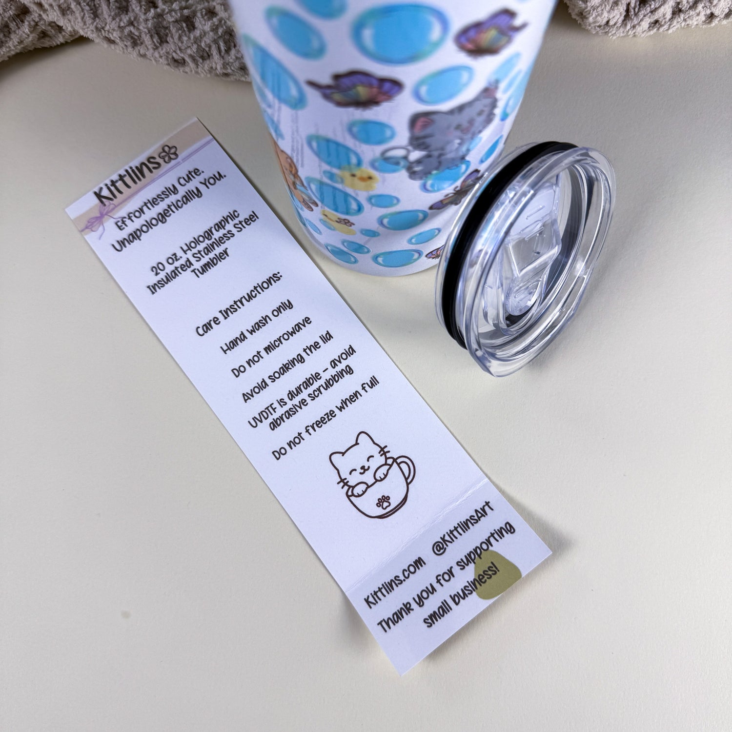 Bubble Cat Tumbler | 20 oz White Holographic Stainless Steel | Kittlins Drinkware