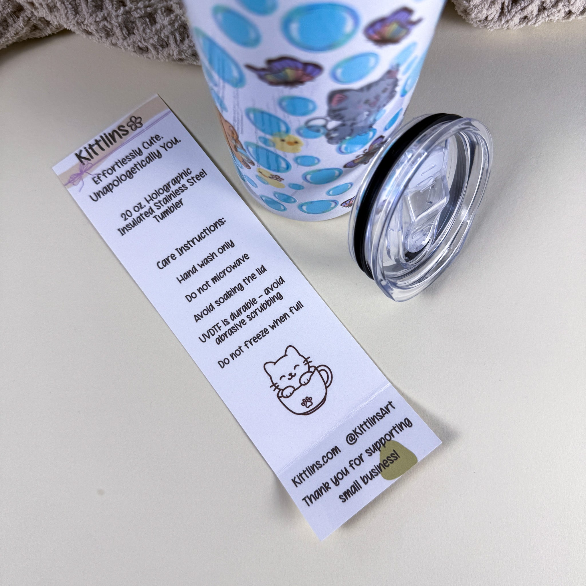 Bubble Cat Tumbler | 20 oz White Holographic Stainless Steel | Kittlins Drinkware