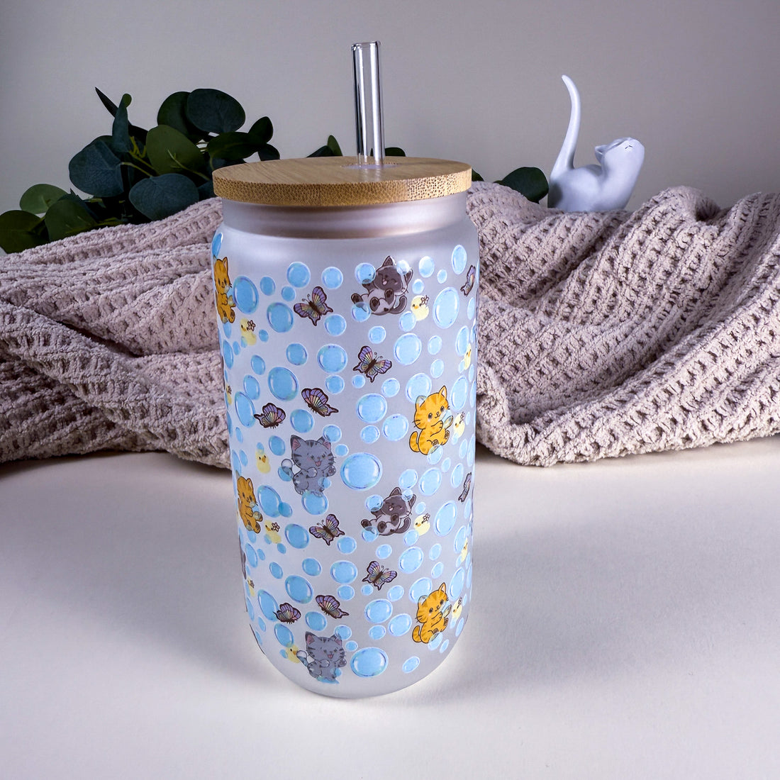 Bubble Bath Cats and Ducks 16 oz Frosted Glass Can Drinkware |Kittlins