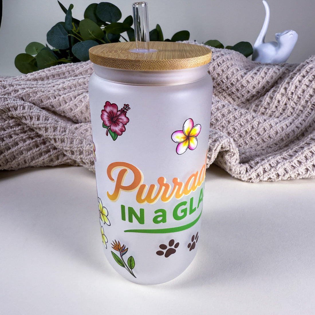 Purradise in a Glass - Tropical Cat 16 oz Frosted Glass Can Drinkware | Kittlins