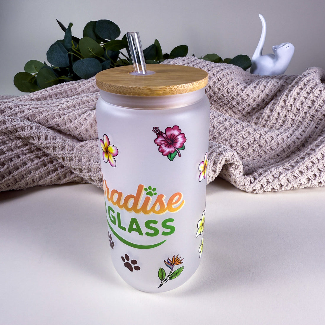 Purradise in a Glass - Tropical Cat 16 oz Frosted Glass Can Drinkware | Kittlins