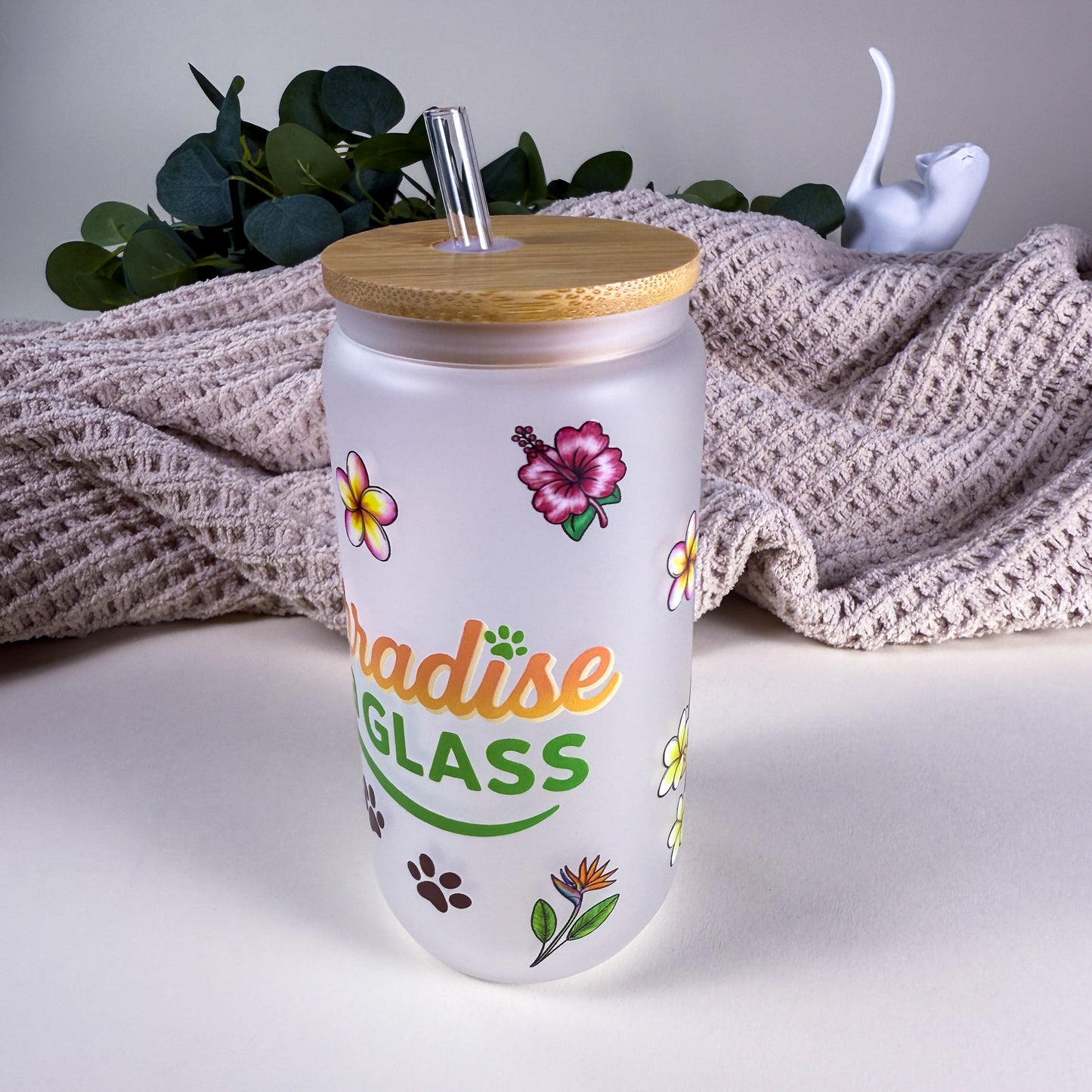Purradise in a Glass Tropical Cat 16 oz Frosted Glass Can