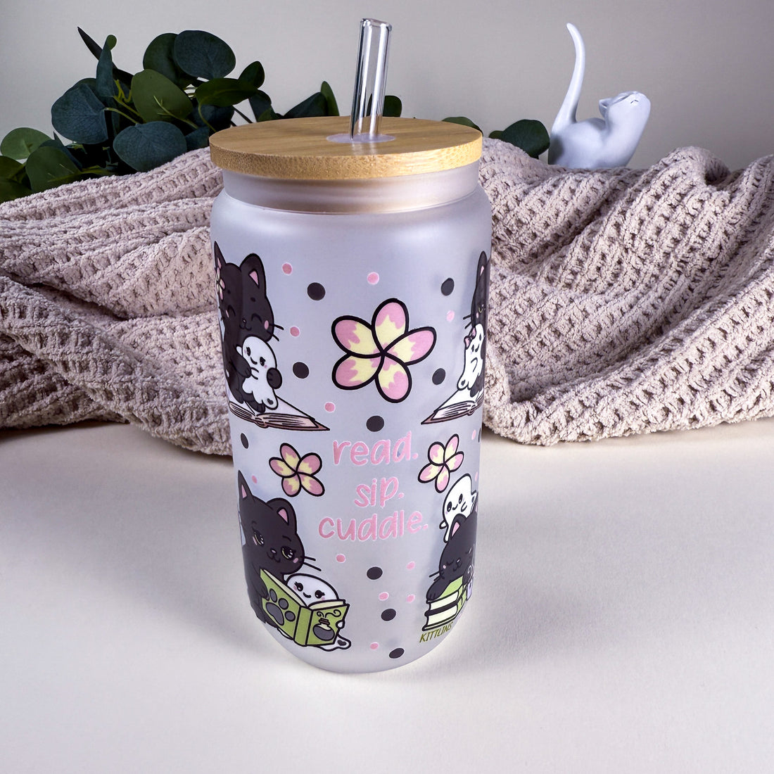 Read Sip Cuddle Ghost &amp; Cat 16 oz Frosted Glass Can Drinkware | Cozy Bookish Cup |Kittlins