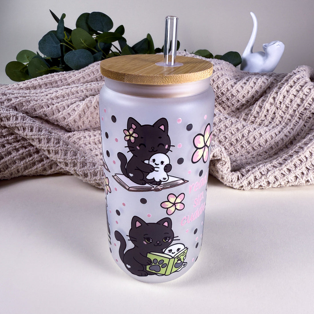 Read Sip Cuddle Ghost &amp; Cat 16 oz Frosted Glass Can Drinkware | Cozy Bookish Cup |Kittlins