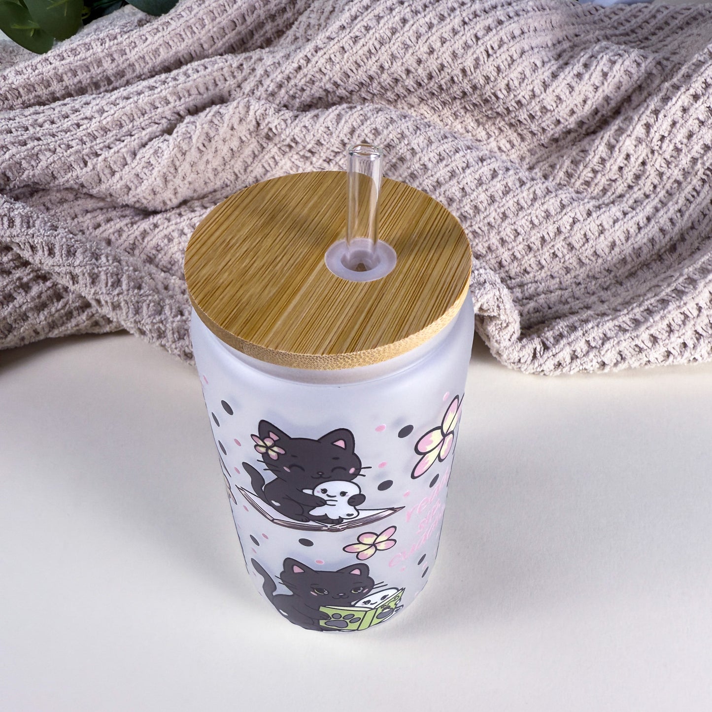 Read Sip Cuddle Ghost & Cat 16 oz Frosted Glass Can
