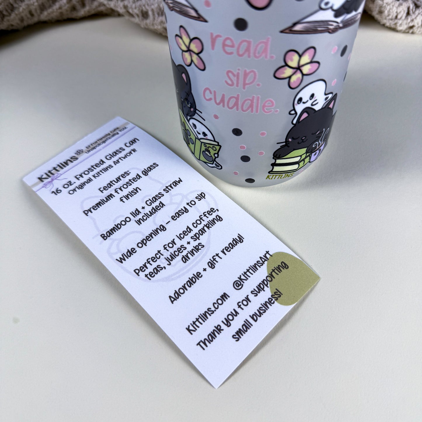 Read Sip Cuddle Ghost & Cat 16 oz Frosted Glass Can