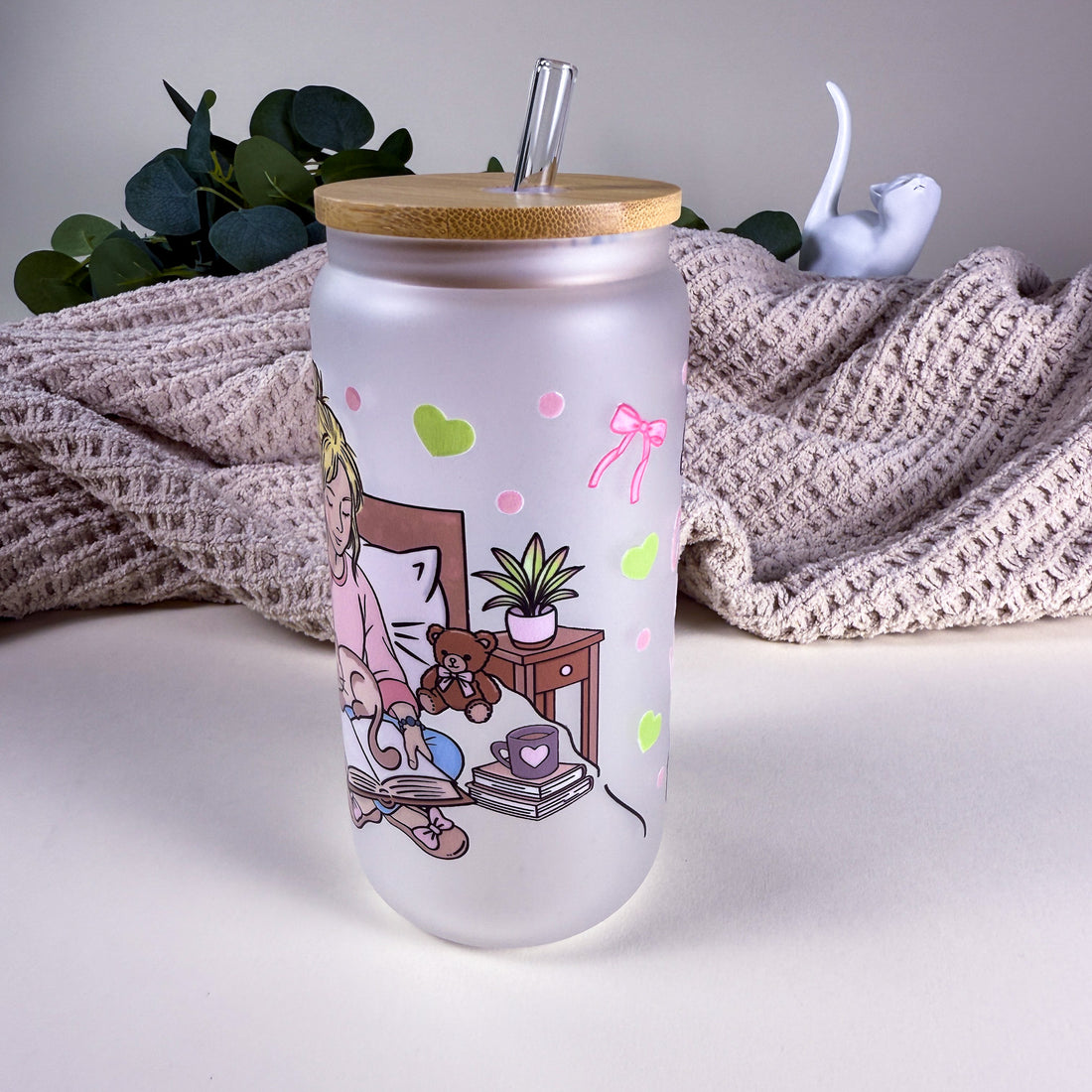 Cozy is my Vibe 16 oz Frosted Glass Can Drinkware | Book Lover Cup |Kittlins