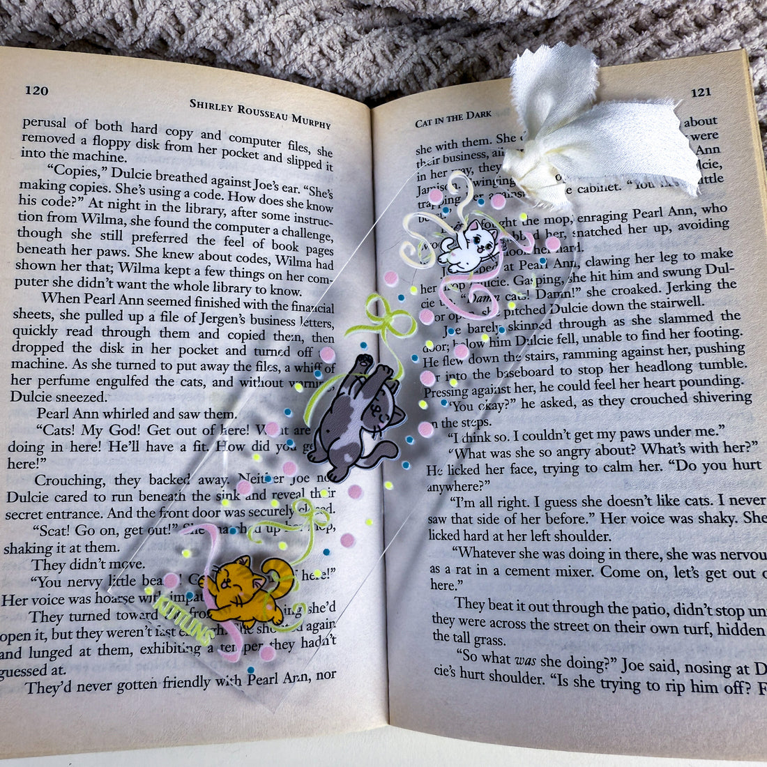 Ribbons Play Kittlins Acrylic Bookmark | 2"w x 6"h Clear Acrylic Bookmark | The Ribbons Collection by Kittins