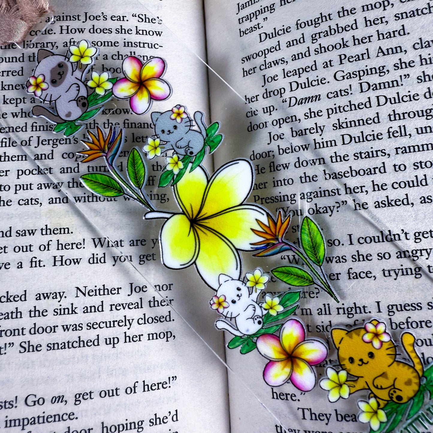 Tropical Flowers & Cats Clear Acrylic Bookmark
