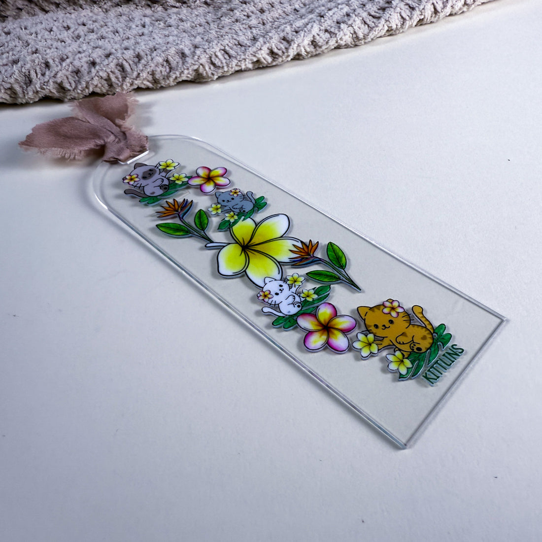 Tropical Flowers and Cats Acrylic Bookmark | 2"w x 6"h Clear Acrylic Bookmark | The Tropical Collection by Kittins