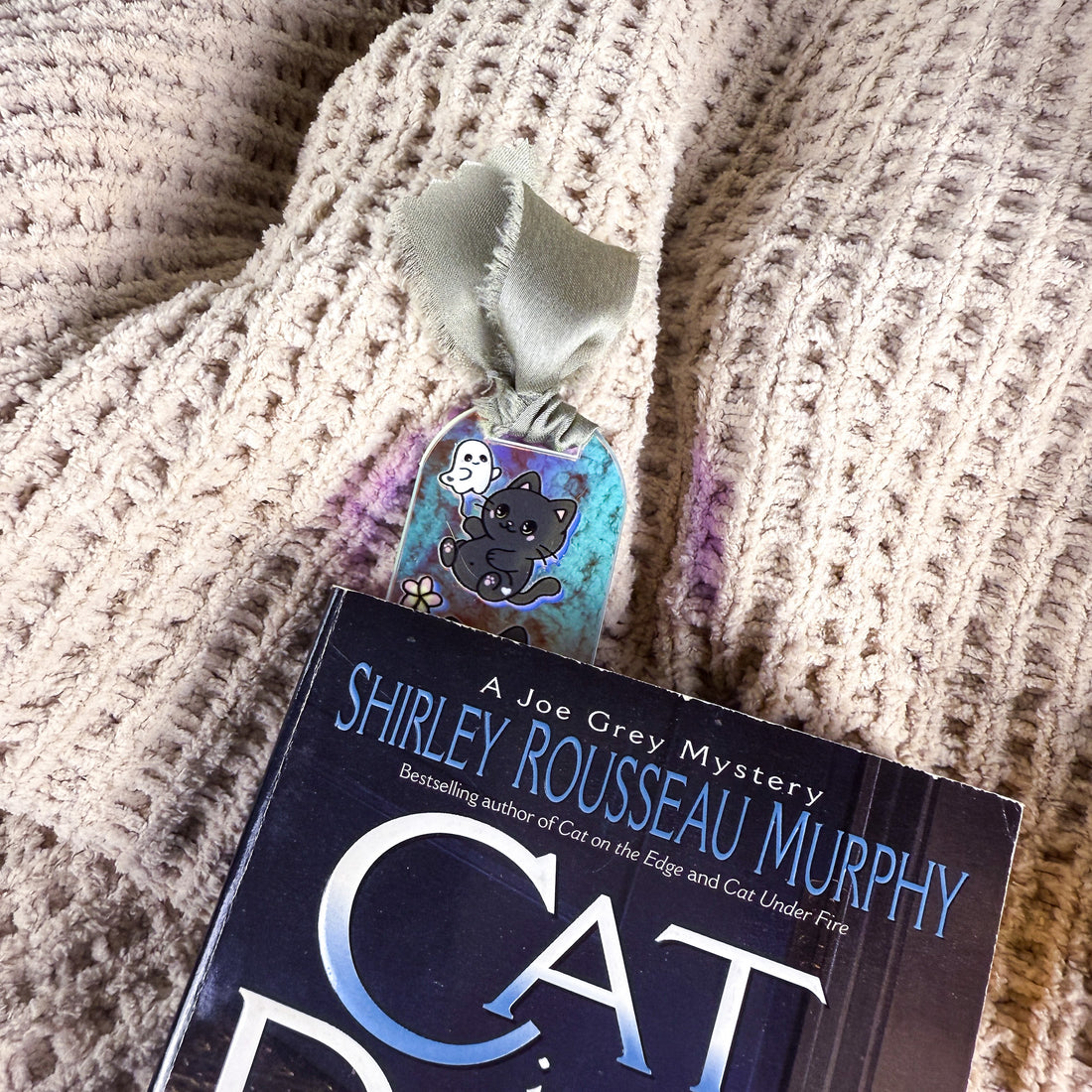 Ghostie and Black Cat Bookmark | 1.3"w x 5.75"h Iridescent Rainbow Acrylic Bookmark