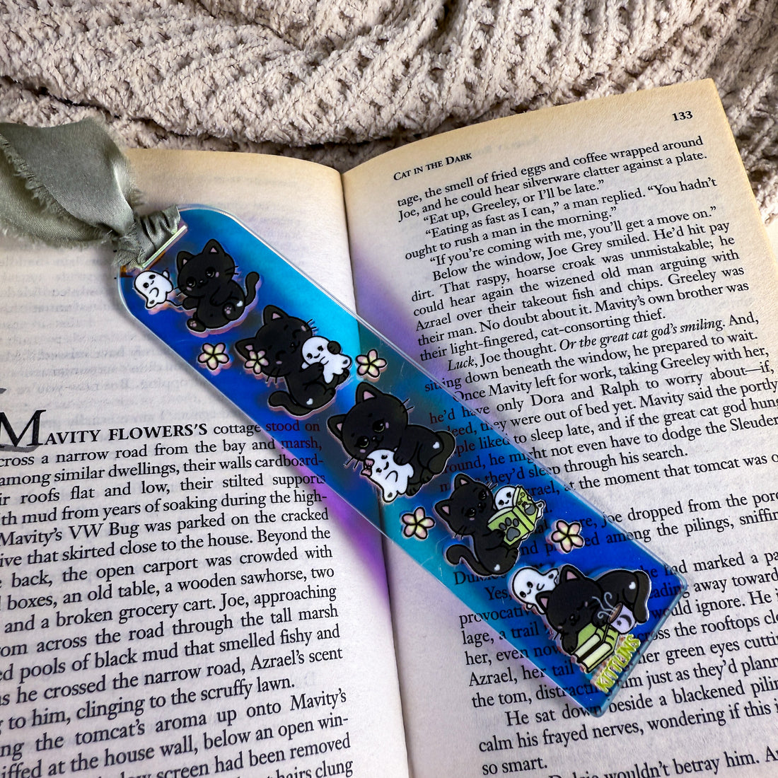 Ghostie and Black Cat Bookmark | 1.3"w x 5.75"h Iridescent Rainbow Acrylic Bookmark