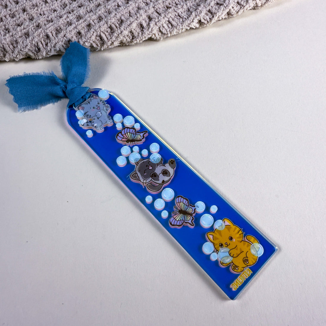 Cat and Ducky Bubble Fun | 1.3"w x 5.75"h Iridescent Rainbow Holographic Acrylic Bookmark
