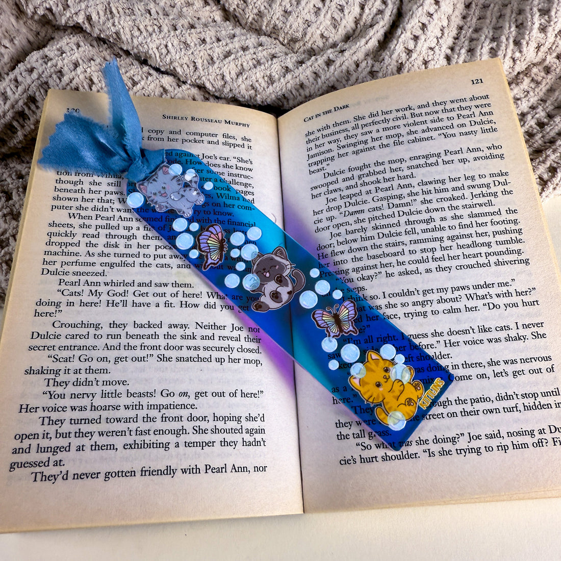 Cat and Ducky Bubble Fun | 1.3"w x 5.75"h Iridescent Rainbow Holographic Acrylic Bookmark