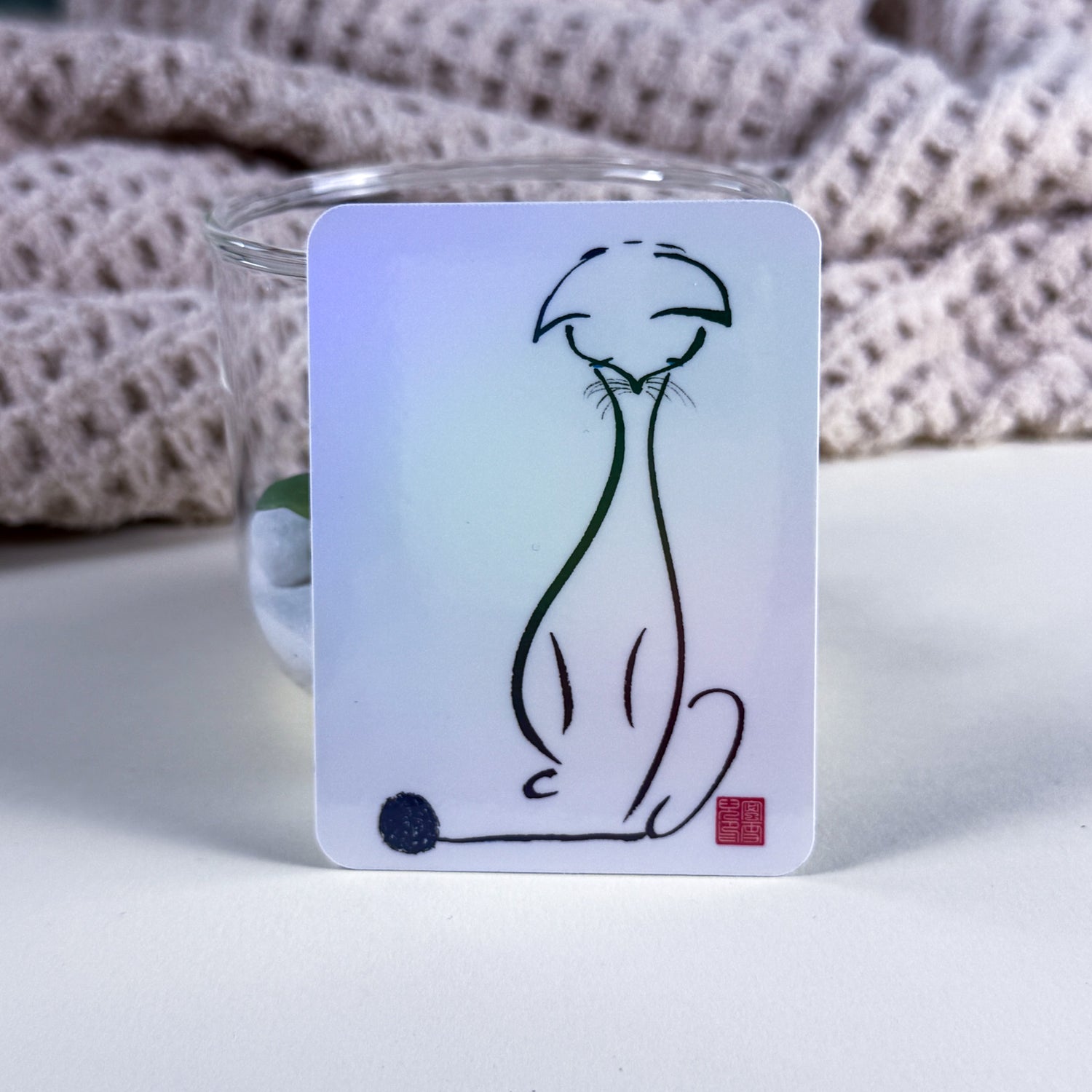 Sumi-e Brush Cat and Yarn - Maybe or Maybe Not - Vinyl Sticker | 3 inch | Soft Rainbow Holographic