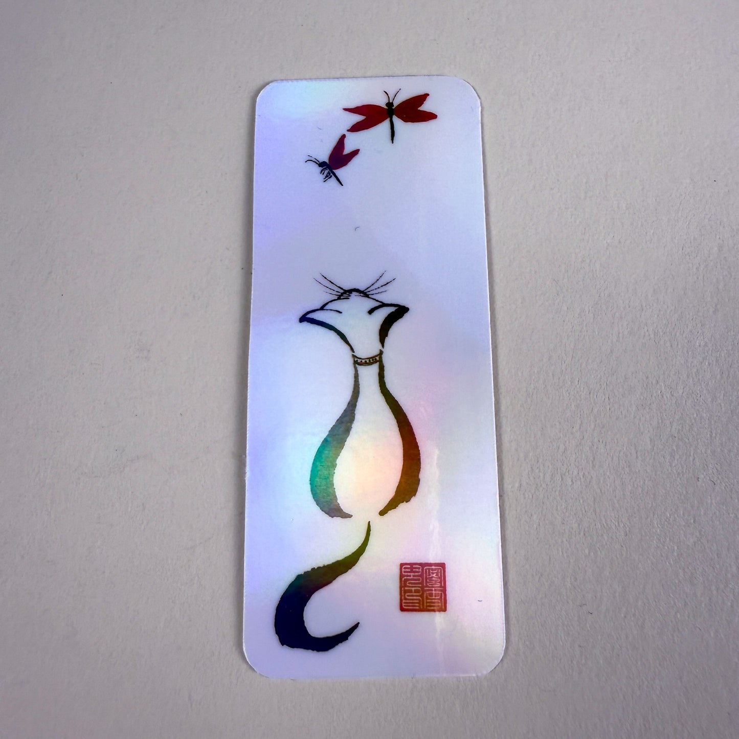 Sumi-e Dragonfly & Cat Vinyl Holographic Sticker
