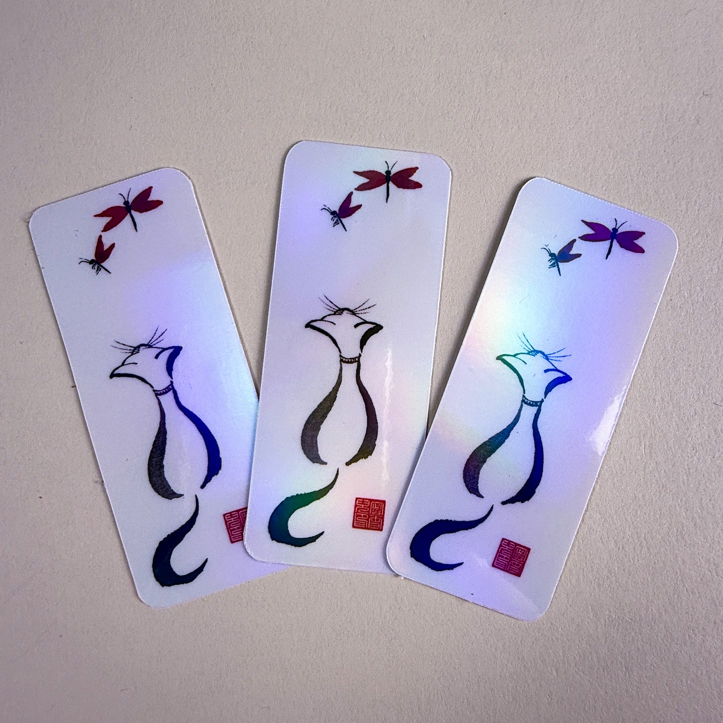 Sumi-e Dragonfly & Cat Vinyl Holographic Sticker