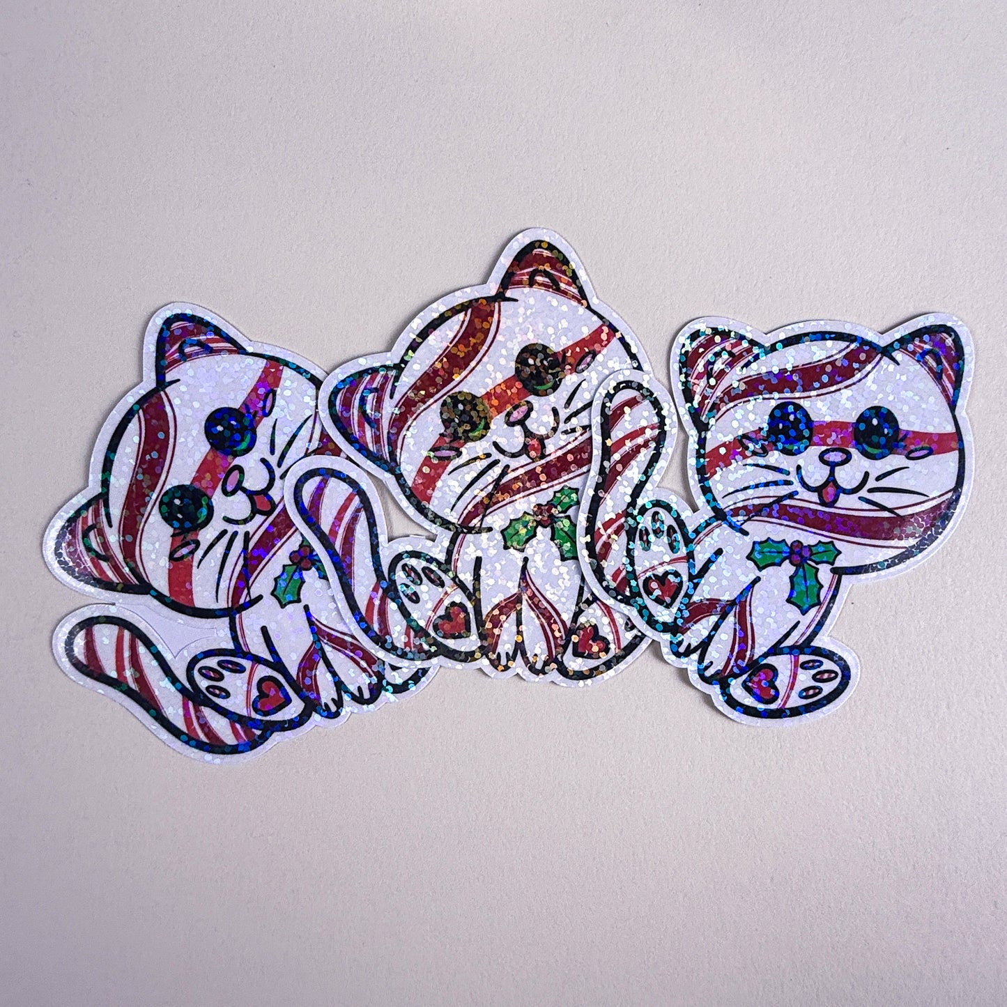 Peppermint Kittlin Holiday Cat Vinyl Glossy or Holographic Sticker