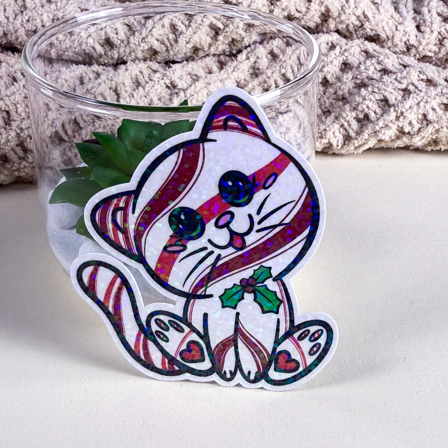 Peppermint Kittlin Holiday Cat Vinyl Glossy or Holographic Sticker