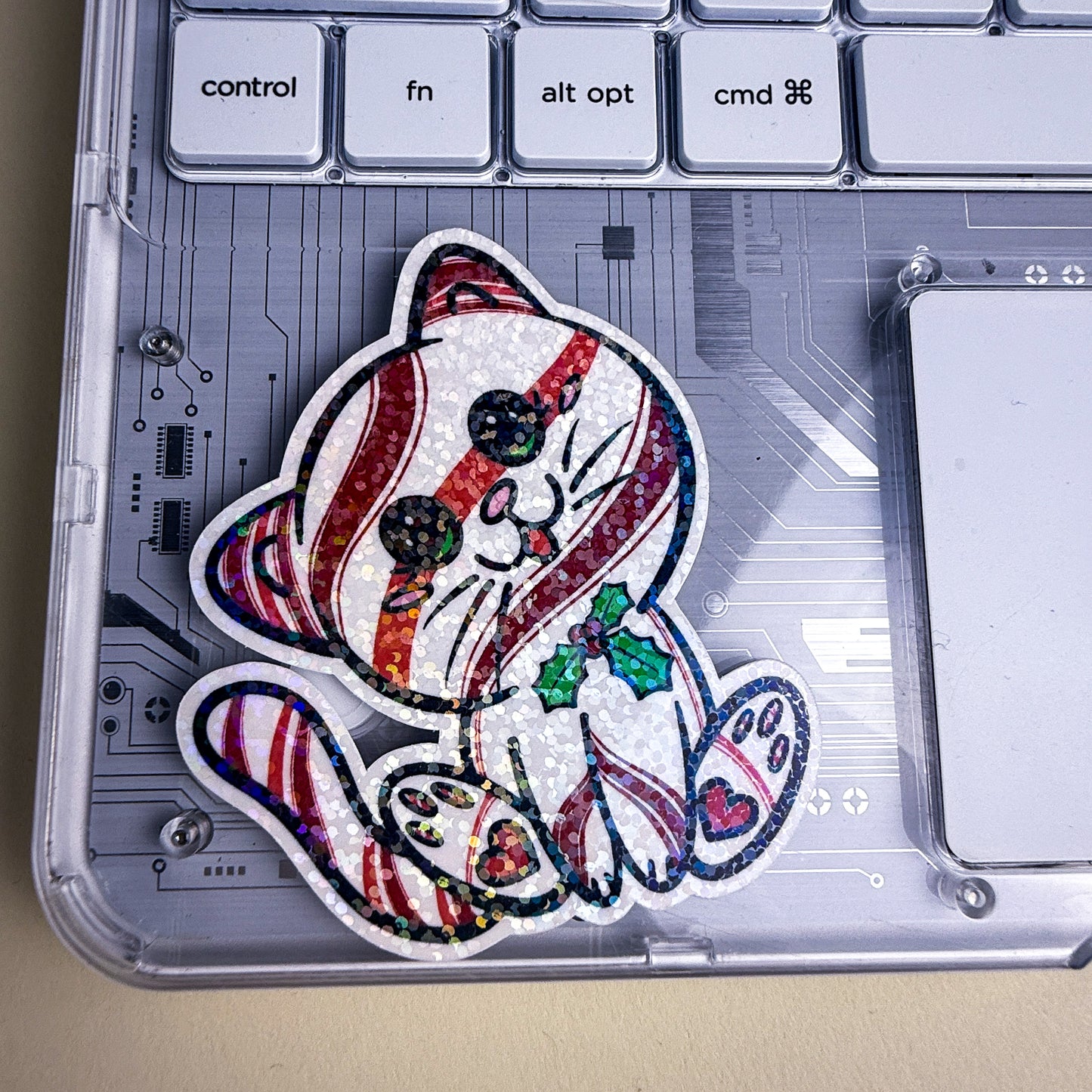 Peppermint Kittlin Holiday Cat Vinyl Glossy or Holographic Sticker
