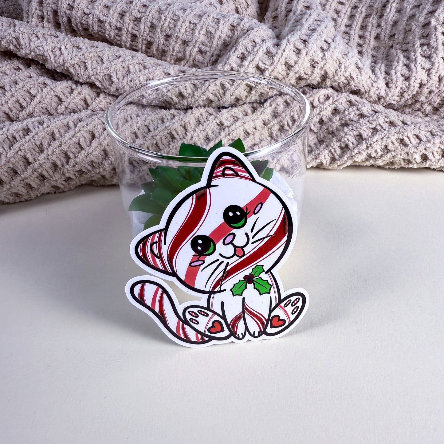Peppermint Kittlin Holiday Cat Vinyl Glossy or Holographic Sticker